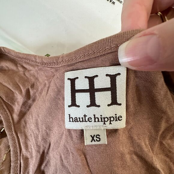 Haute Hippie Chocolate Brown Tank Mini Dress Side Ruche Gold & Beaded Adornment - Picture 11 of 14